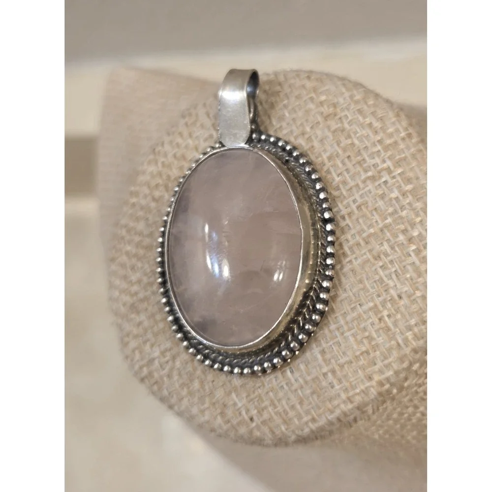 Large‎ Vintage Sterling Silver Rose Quartz Oval Statement Pendant 925